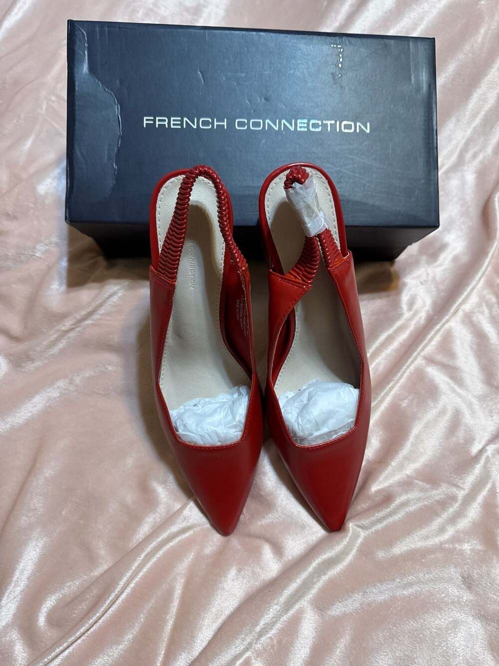 French Connection Moderno Pointed Toe Slingback Block Heels in Red Vegan Leather